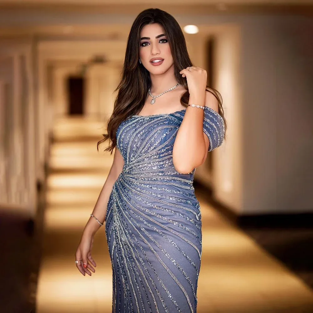 Serene Hill Blue Boat Neck Split Mermaid Elegant Beaded Arabic Evening Dresses Gowns For Woman Wedding Party 2024