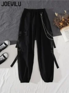 2PCS Women's Streetwear Outfits Loose Long Sleeve Shirt Ribbon Chain Cargo Pants 2 Piece Sets Korean Casual Unisex Couple Suit - Image 3
