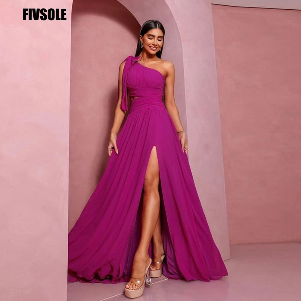 Fivsole Fuchsia Evening Dress One Shoulder With Bow Saudi Arabia Side Split Pleat Prom Dress Formal Party Gown Vestidos De Gala
