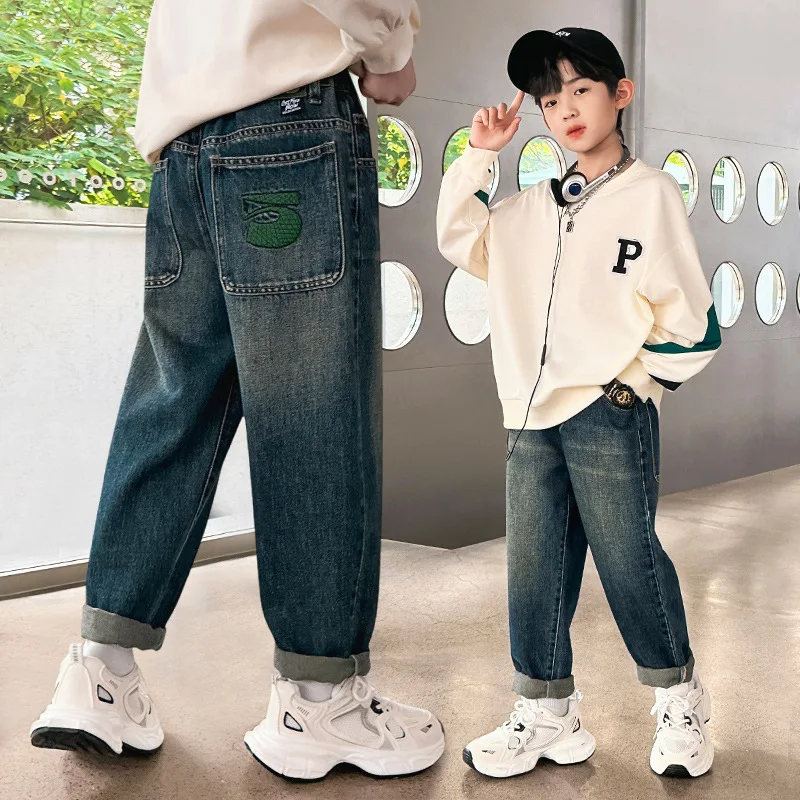 Children Clothing Casual Jeans for Boy Denim Pants Cotton Spring Autumn Elastic Waist Jeans Kids Baggy Pants 4 6 7 8 10 12 Years