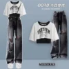 Spring/Summer Sweet Cool Set for Female Students Korean Fashion T-shirt Personalized Ripped Jeans Two-piece Set - Image 3