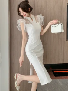 2024 White Patchwork Ruffled Mesh Luxury Dress Women Korean Party Vestidos Spring Summer Elegant Dresses for Official Occasions - Image 3
