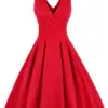 Tonval Red Pleated Plain Solid Vintage Dress Women Wrap V-Neck Belted Elegant Party Retro Cotton Summer Dresses