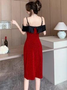 Red Patchwork Black Bow Chic Gala Dresses Woman Summer Elegant Bodycon Sling Sexy Dress 2024 Korean Luxury Party Evening Dresses - Image 6