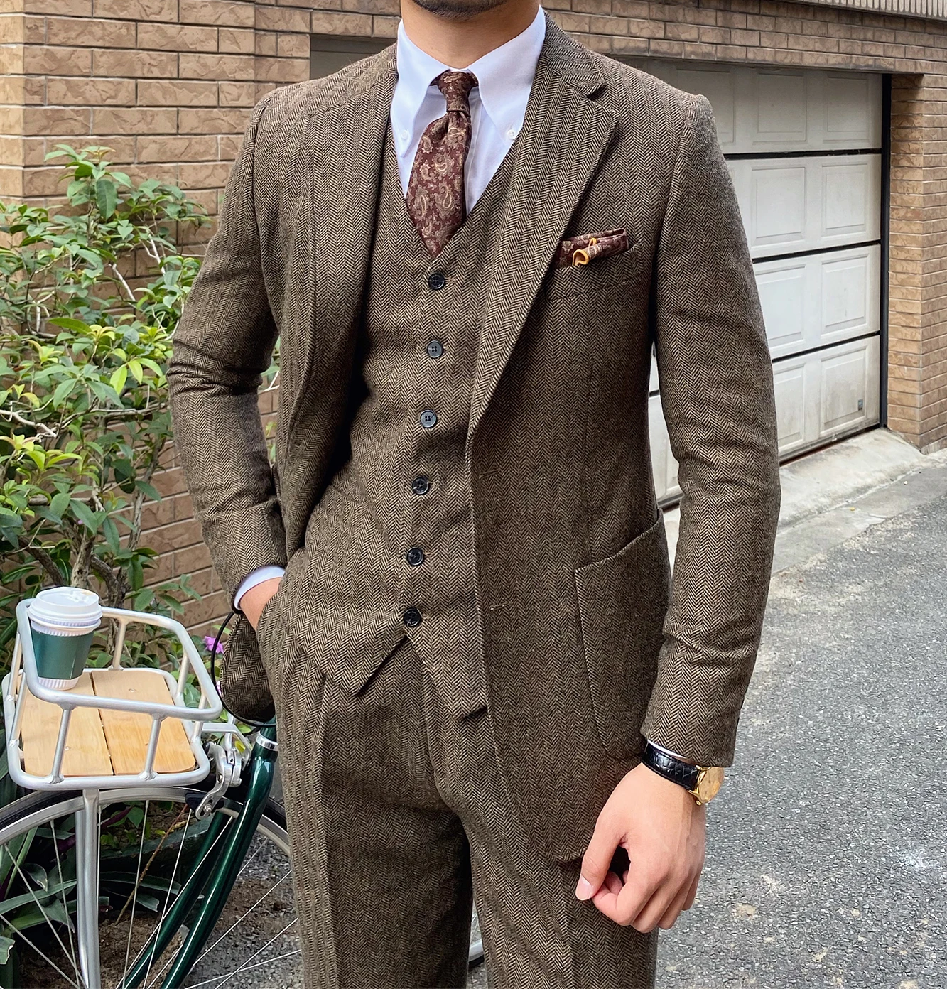 3 Pieces Men's Suits Tweed Herringbone Slim Fit Business Cauasl Waistcoat Jacket Groomsmen Wedding Suits（Blazer vest Pants）