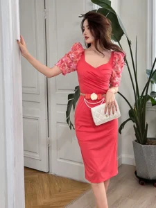 Summer Women Midi Dress Sweet Elegant Girly Floral Appliques Puff Sleeve 3D Flower Belt Bag Hip Slit Gown Mujer Party Vestidos - Image 5