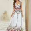 Elegant Evening Dresses Long Double V-Neck Maxi Long Sleeveless Gown 2024 Ever Pretty of Chiffon Cream Printed Prom Women Dress