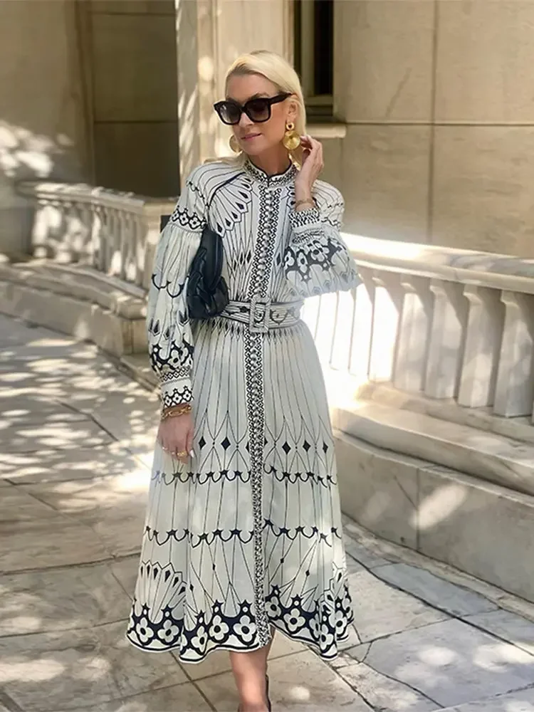 Women Vintage Patchwork Print Dress Lady Fashion Stand Collar Long Sleeve High Waist Midi Dresses Female Elegant Party Vestidos