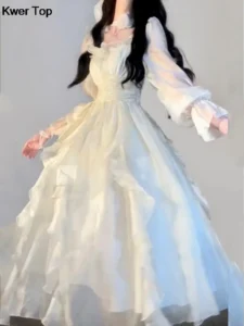 Elegant Solid Ruffles Fairy Dresses Korean Fashion Slim Wasit A Line Midi Dress Spring Summer Women Princess Party Vestidos - Image 2