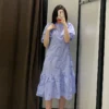 2024 Summer Dress Women Long Maxi Vintage Puff Sleeve Floral Embroidery Blue Loose Dress O-Neck Casual Female Clothing Korean - Image 3