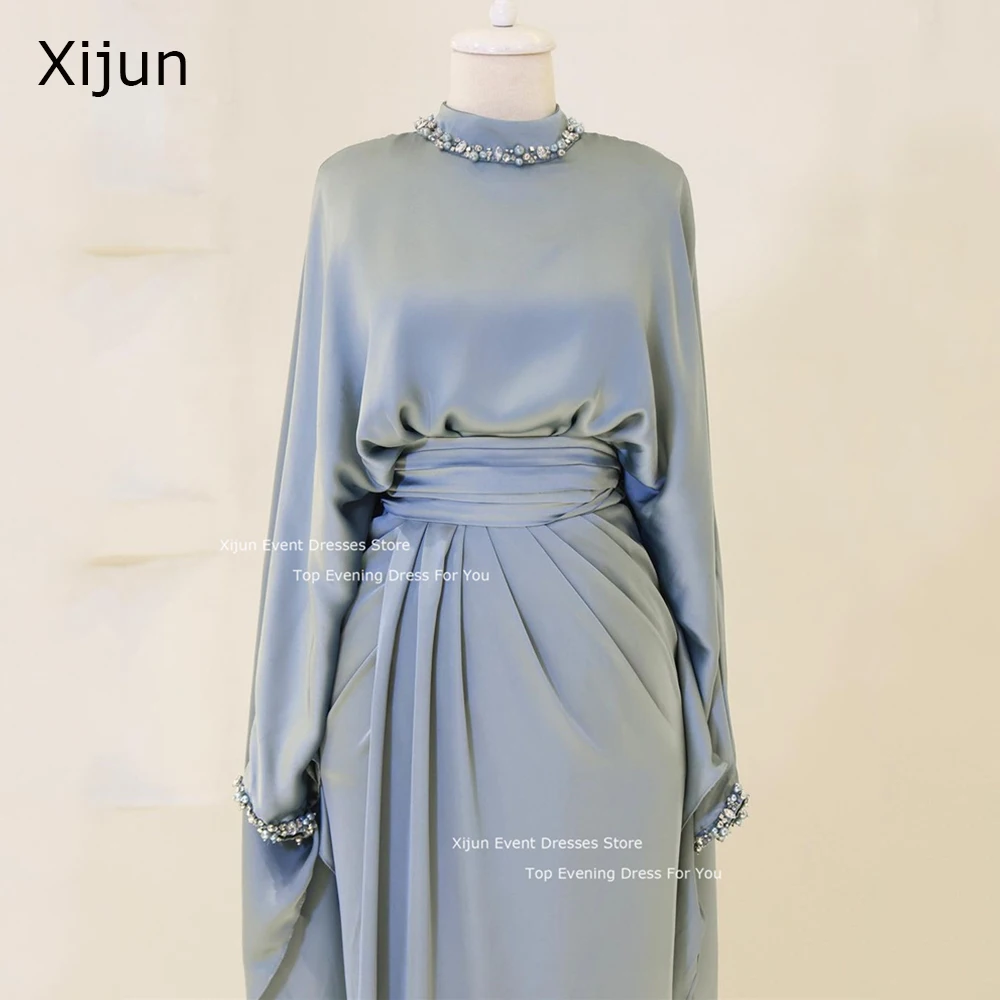 Xijun Modest Satin Prom Gowns Crystal Muslim Prom Dresses Saudi Arabric Dubai Prom Gowns 2024 For Women Formal Party Dresses