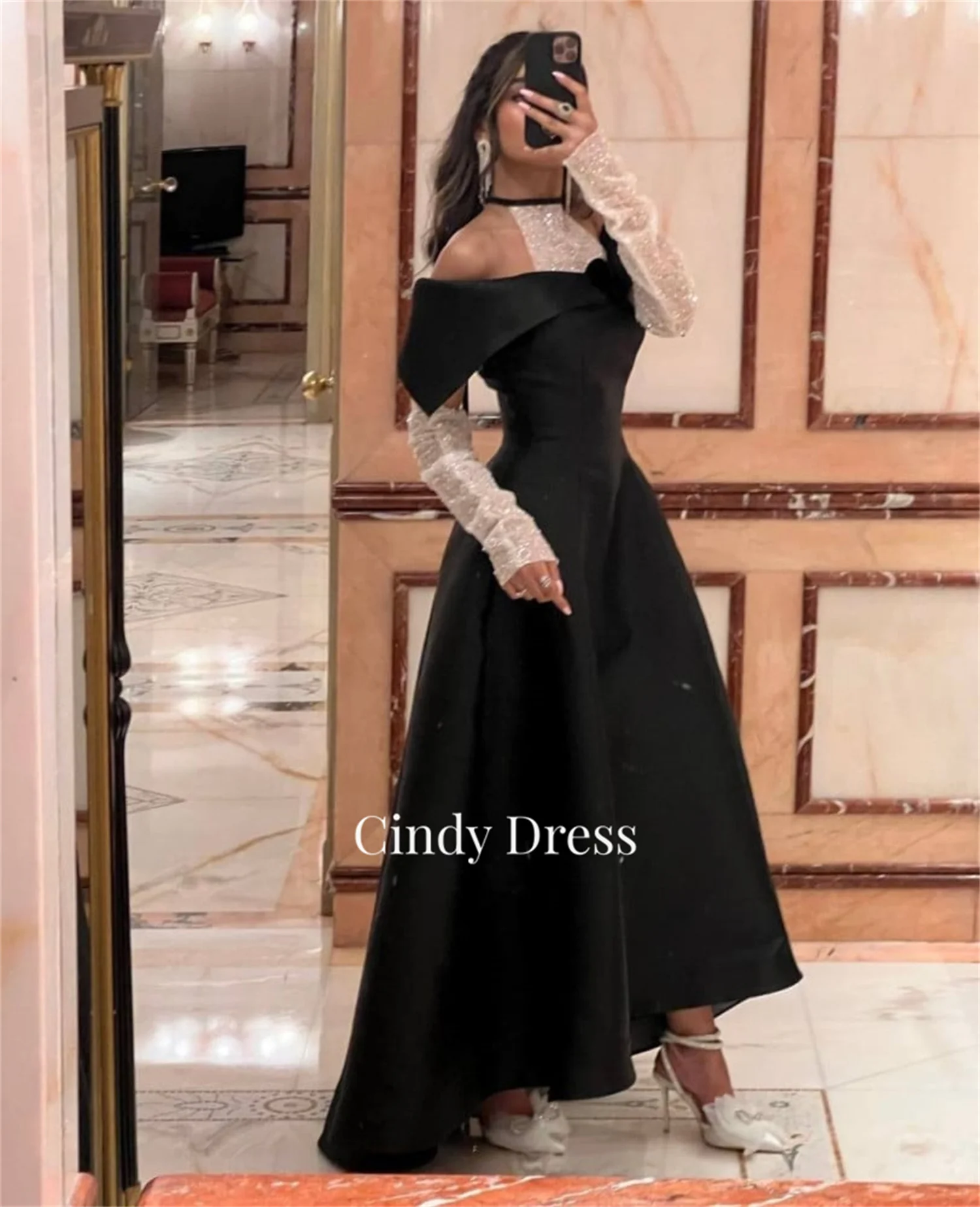 Cindy Eid Al-fitr Woman's Evening Dress Party Evening Elegant Luxury Celebrity Sequined Sleeves Medium Length Satin Black Women