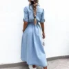 High Street Office Denim Dresses Chic Summer Short Sleeve Women Elastic Waist Long Dress Elegant 2024 Lapel Button Jeans Dress - Image 2