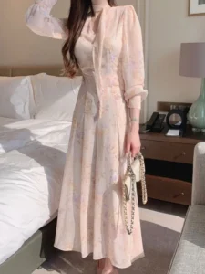 Jielur Long Sleeve One Piece Dress Female Korean Fashion Spring Elegant V-Neck Midi Dress Vintage Floral Chiffon Dresses Women - Image 5