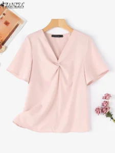ZANZEA Chic Chiffon Short Sleeve T-Shirt Women Blouse Elegant V-neck Kink Tops 2024 Summer Office Tunic Korean Solid Loose Blusa - Image 5