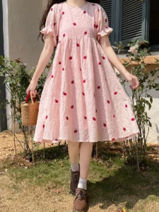 Preppy Style Strawberry Embroidery Fairy Girly Elegant Summer Long Dresses For Women Sweet Short Sleeve Dress Student Clothing - Image 2