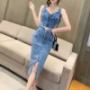 2024 Summer Women Skirt Two Piece Set Sexy V-Neck Ctopped Denim Vest High Waist Denim Skirts Korean Ladies Sleeveless Suits - Image 3