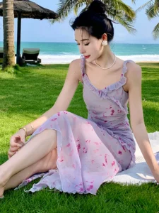 Summer Pink Chiffon Print Chic Ruffled Sling Long Dress Women Elegant Beach Style Casual Dress 2024 Korean Fashion Bodycon Dress - Image 4