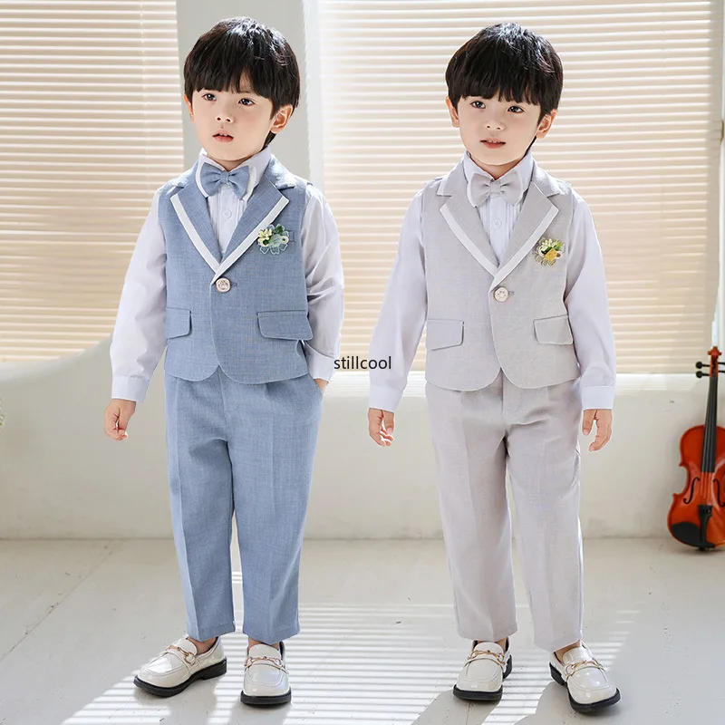 Children Suit Spring Summer Boy British Gentleman Vest Blazer Set Baby Birthday Wedding Costume School Piano Performance Clothes