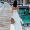 Evening Party Women Dress Cross V Neck Sexy Off Shoulder Beach Style Spaghetti Strap Dress Slim Backless Sexy Robe Femme Holiday