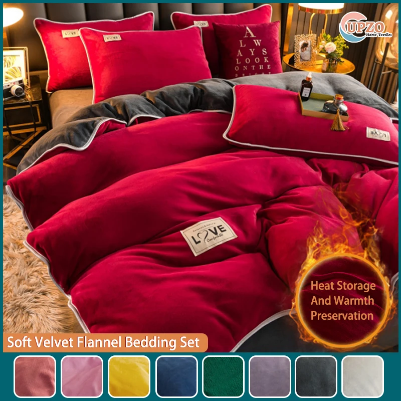 UPzo Velvet Flannel Bedding Set Plush Solid Color Duvet Cover Fluffy Reversible Plush Bedding Set Warm for Winter（3Pcs No Sheet）
