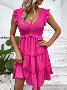 Summer Midi Dresses For Women Casual Red Ruffle Big Hem Holiday Beach Dress Fashion Sleevelee V Neck New In Dresses 2024 - Image 6