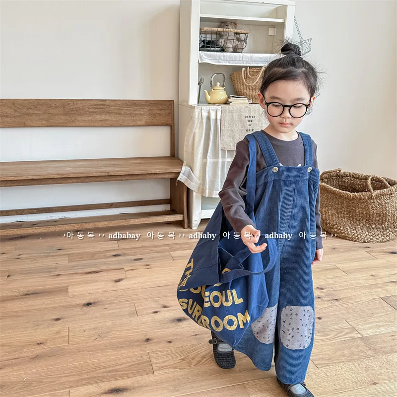 Children Suspender Pants 2023 Spring Autumn New Korean Style Corduroy Patchwork Casual Simple Pants for Boys and Girls