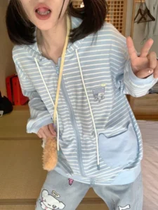 HOUZHOU Y2k Harajuku Kawaii Striped Hoodie Women Korean Fashion Cat Embroidery Zip Up Oversized Sweatshirt Preppy Autumn 2023 - Image 3