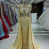 2 In 1 Arabic Formal Long Sleeves Mermaid Evening Dresses 2024 Glittery Crystals Pearls Beaded Women's Wedding Dinner Party Gown