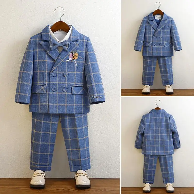 Children Plaid Blue Wedding Suit Baby 1 Year Birthday Dress Prince Kids Jacket Pant Photograph Suit Flower Boys Tuxedo Costume