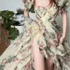Floral Print Evening Party Dress Women 2024 Puff Sleeve Elegant Princess Long Dres Ladies France Vintage Open Fork Dress Summer