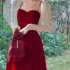 2022 Summer French Vintage Strap Dress Women Red Elegent Korean Party Midi Dress Female Sexy Backless Evening Beach Fairy Dress