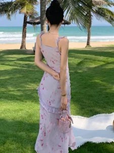 Summer Pink Chiffon Print Chic Ruffled Sling Long Dress Women Elegant Beach Style Casual Dress 2024 Korean Fashion Bodycon Dress - Image 6