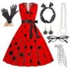 Women's Rockabilly Dress Polka Dots Swing Flare Dress with Accessories Set Earrings Necklace Headband Glasses Gloves Dress - Image 5