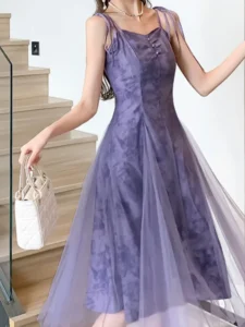 Elegant Casual Women Summer Spaghetti Strap Dress Sleeveless A-Line Solid Chic Vintage Purple Robe Female Party Vestidos Mujers - Image 6