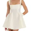 Women Satin Mini Princess Dresses Spaghetti Strap Square Neck Sleeveless Backless Bow Short Dress A-line Party Clubwear