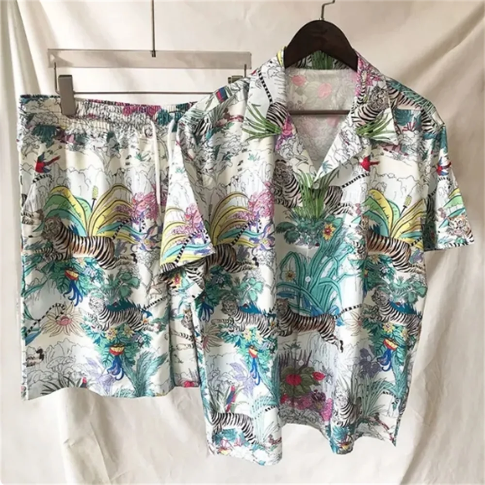 Floral Colorblock Portrait Print Short-sleeved Shirt Set Short Top For Men Casual Set High Quality Lapel Streetwear Shirt Suit - Image 3