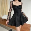 InsLucky Sexy Lace See Through Flare Sleeve A Line Folds Mini Dress Women Korean Chic Summer Party Dress Square Collar Clubwear - Image 4