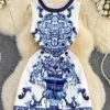 Fashion Runway Summer Short Dress Women's Sleeveless Elegant Blue And White Porcelain Flower Print Holiday Tank Mini Vestidos