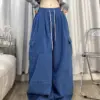 2023 Korean Y2K Fashion Drawstring Casual Baggy Cargo Jeans Pants Women Clothing Straight Wide Leg Sweatpants Female Trousers