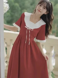 Japanese Mori Girly Preppy Style Lolita Fairy Women Dress Elegant Summer Sailor Collar Bow Waist Short Sleeve Mid-Calf Dresses - Image 6