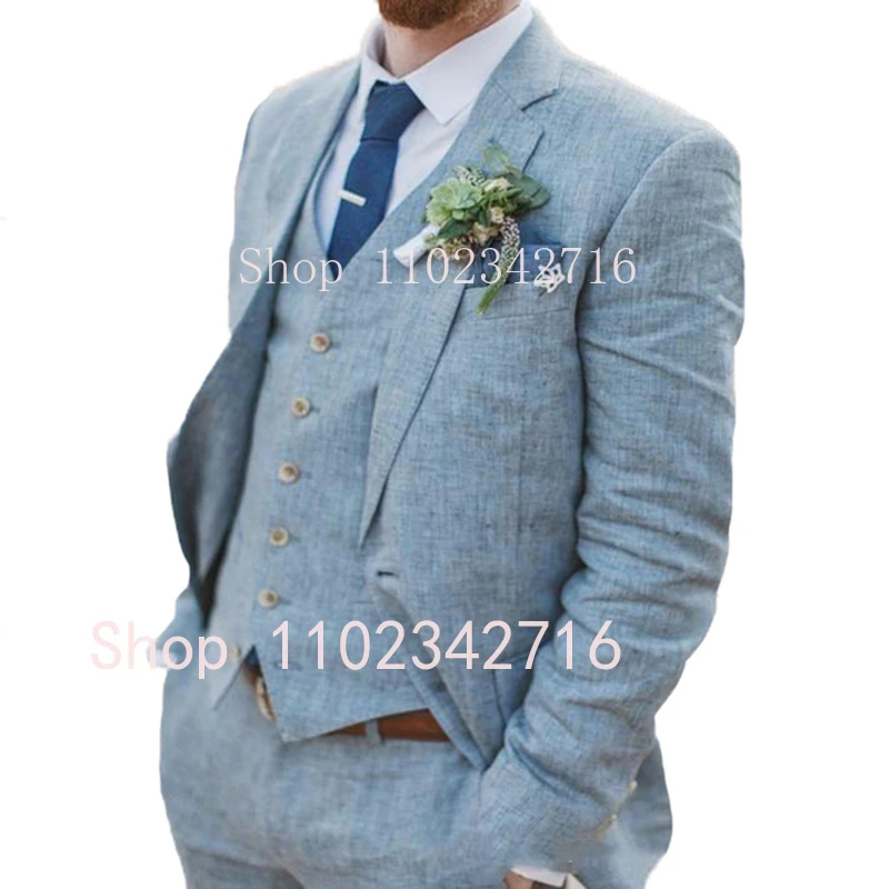 Costume Homme 3 Piece Linen Men Suits 2023 Groom Tuxedo for Wedding Groomsman Summer Beach Male Suit (Jacket Pants Vest) Terno