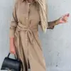 S~3XL Solid Long Sleeve Shirt Dress Women Lace up Single Breasted Beach Maxi Party Dresses Turn-down Collar Split Sash Vestidos
