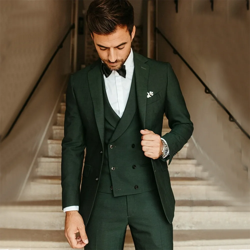 Male Suit Army Green Groom Tuxedos Party Suit Slim Fit Business Casual Jacket Sets 3 Piece （Blazer Vest Pants）Costume Homme