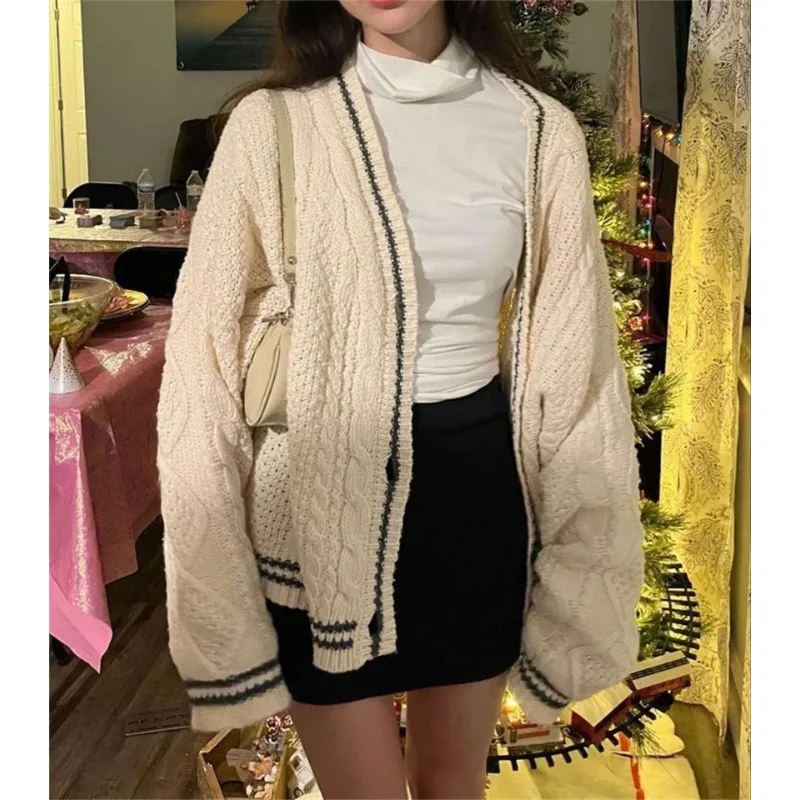 Deeptown Vintage Beige Swift Knit Sweater Women Y2K College Taylor Oversize Star Embroidery Cardigan Folklore Knitted Jumper - Image 2