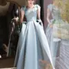 Sky Blue Satin Long Evening Gowns Sexy V-Neck Princess Ball Gowns Floor-Length Backless Women Formal Dresses For Wedding Party