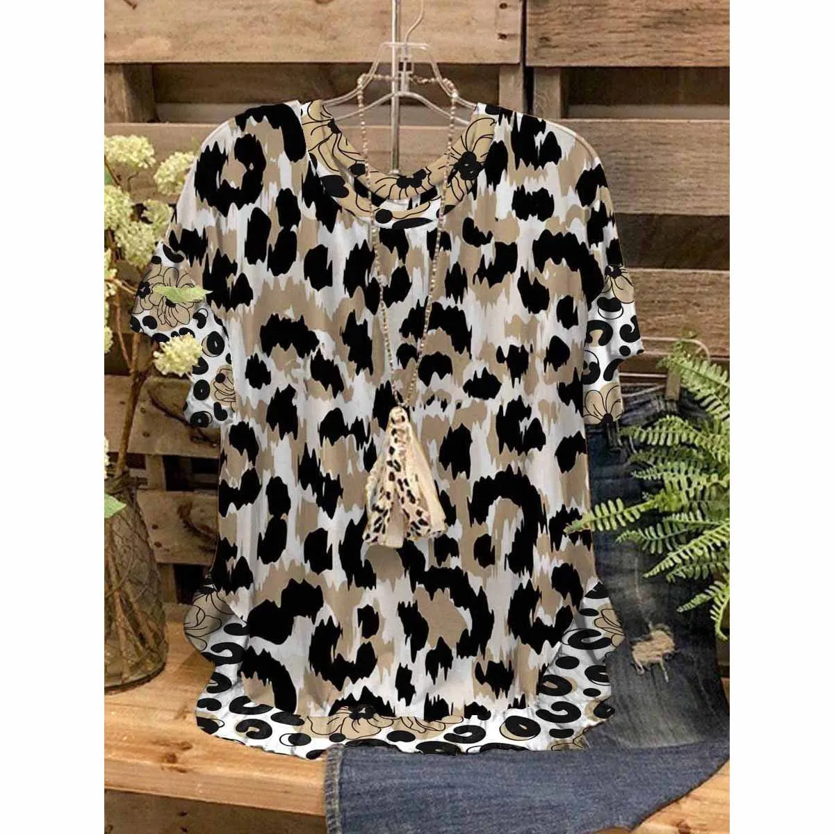 New Women T-shirts Spot print Patchwork O-neck Fashion Lotus Leaf Sleeve y2k Clothes Tops
