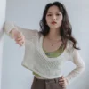 2024 Spring Summer Women Green Clothing Outfits Korean Lady Fashion Hollow Out Knit Tops Sling Vest High Waist Pants 3 Pcs Sets - Image 6