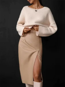 2022 Autumn Winter Women Sexy Midi Leather Skirts Solid Black High Waist Office Pencil Slit Skirt For Women - Image 4