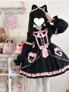 KIMOKOKM Kawaii Lolita Ruffles Full Sleeve Dress Sweetheart Peter Pan Collar Cosplay Princess Bow Vitality Girly Loli Mini Dress - Image 6